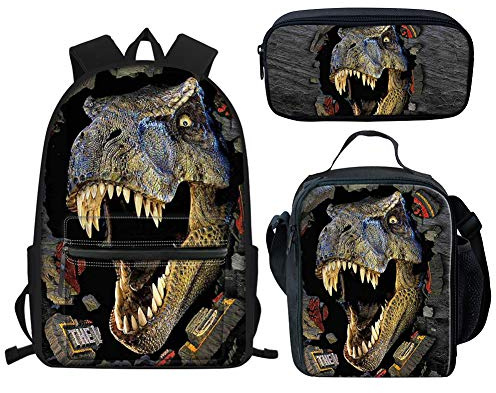 Aoopistc 3-teiliges Set für Kinder, Mädchen, Jungen, Schulrucksack, große Schultertasche mit Lunchbox, Federmäppchen, T-Rex Dinosaurier, Einheitsgröße, Verstellbar, Box