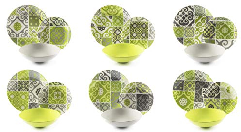 Excelsa Maiolica Green Servizio Piatti 18 Pezzi, Porcellana e Stoneware, Verde