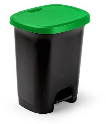CABLEPELADO Cubo de basura plástico con pedal, Papelera con tapa, Libre de BPA, 45 cm alto x 38 cm ancho x 32 cm fondo, Capacidad 27 litros, Negro con tapa verde