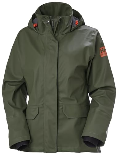 Helly Hansen Women's Luna/Gale Rain Jacket - Waterproof Windbreaker - Neoprene Cuffs & Pockets - Adjustable Packable Hood, 480 Army Green - XS