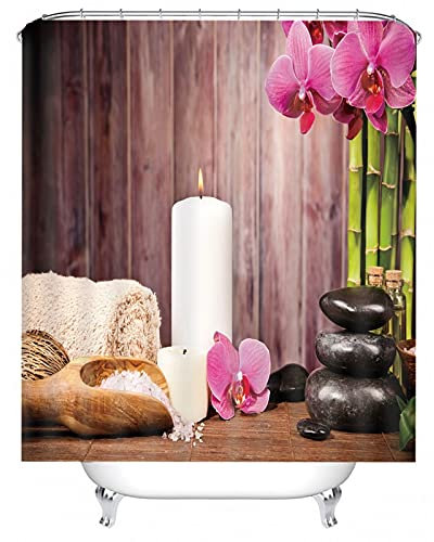Banemi Tenda Bagno Interna, Tenda Doccia Tessuto Pesante Bianco Fucsia Pietra della Candela Dell'Orchidea Polyester 90X180cm con 12 Anillas