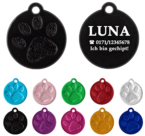 Ibera gifts - Hundemarke mit Gravur und personalisierte Hundemarke rund mit Pfote für kleine bis mittelgroße Hunde und Katzen (S-M, Schwarz)