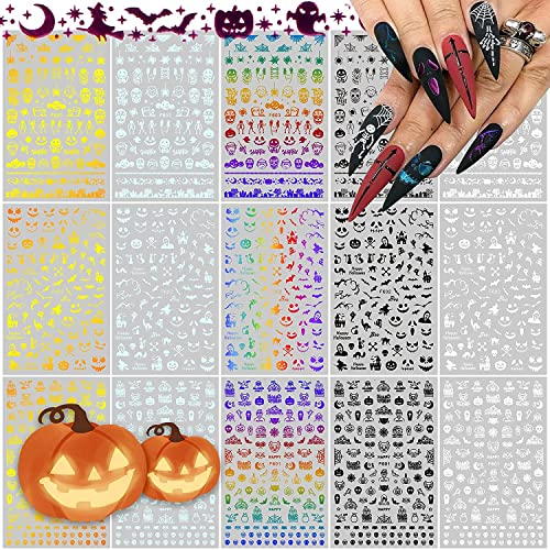 EBANKU 15 Blatt Halloween Nagelsticker, 3D Laser Nail Art Aufkleber Nagel Sticker Nail Stickers Skull Fledermaus Geist Kürbis Spinne selbstklebende Gold Silber Bunte Nagel Abziehbilder DIY Nagelkunst