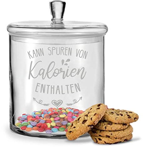 GRAVURZEILE Leonardo Keksglas mit Gravur - Kann spuren von Kalorien enthalten - Keksdose mit luftdichtem Deckel - als Geschenk für Freunde & Familie zu Weihnachten Farbe mit Gravur