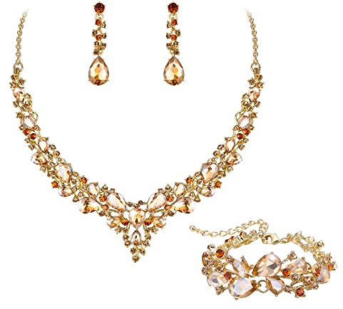 EVER FAITH Statement Halskette Ohrringe und Armband Set für Damen österreichische Kristall Tropfen Cluster Schmuckset Braun Gold-Tone
