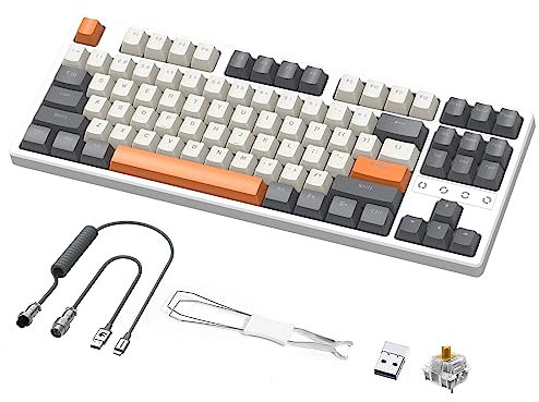 K87 TKL Hot Swappable Wireless Mechanische Tastatur mit Custom Coiled USB C Kabel, Dreifach-Modus 2,4 GHz/Bluetooth 5.0/kabelgebunden, gelbe Schalter 20 RGB-Hintergrundbeleuchtung, 3000 mAh–schimmernd