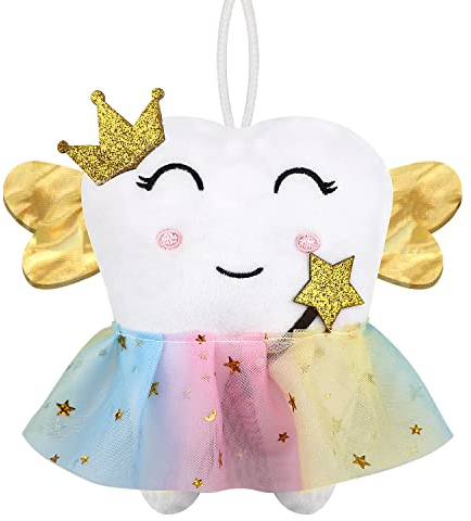 Xunboo Niedliches Zahnfee-Kissen mit Flügeln und buntem Rock, Zahnfee-Puppe mit Tasche auf der Rückseite, Zahnfee, Andenken, Geschenk für Mädchen und Jungen