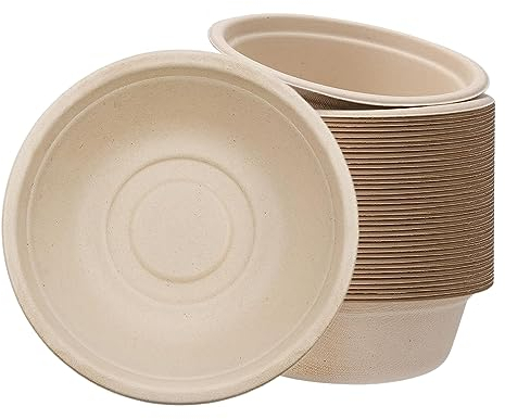 50Pcs Strong Disposable Paper Bowls - 12oz 340ml Sugarcane Bagasse Biodegradable and Compostable Bowls - Brown Super Rigid for Party, Soup, Dessert - Sturdy Plastic Alternative