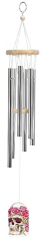 Windspiel mit 6 Metallröhren, Rosenbedeckter Totenkopf-Windspiel für Garten, Innen- und Außenbereich