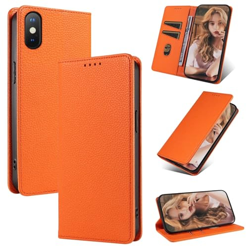 GoodcAcy for iPhone X/XSiPhone X/XS Case, 2 Card Slots Kickstand Magnetic Closure Shockproof Protective Phone Case for iPhone X/XSiPhone X/XS - Orange