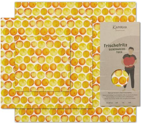 Kumanu | Bio-Bienenwachstuch - 3er Set Bienenwachstücher FRISCHEFRITZ | natürlich und plastikfrei frischhalten | aus 100% nachhaltigen Rohstoffen | handgemacht in Tirol (gelbe Kreise)