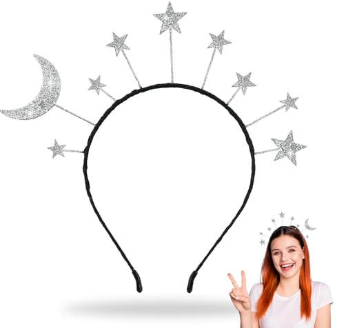 YIZHIXIANGQ Stern Stirnband, Mond Haarband Silber, Unisex Metall Haarreif, Pailletten Kaarreif Silber, Stirnband für Mottoparty, Outfit Party, Damen, Herren