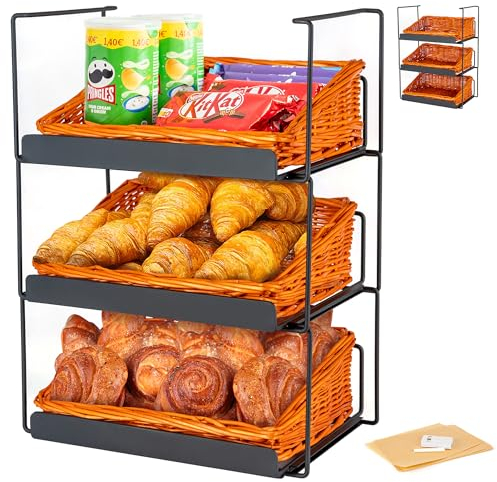 ODOXIA Expositor de pan | Frutero | Expositor con cestas de mimbre para la cocina | Expositor para mercados | Cesta de pan | Organizador de verduras | Cesta para patatas y cebollas | Panera