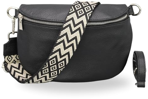 BRISE Bauchtasche Damen Echtleder AFIA Silber Handgemachte Umhängetasche Crossbody Bag mit Ledergurt + Optionalen Breiten Gemusterten Riemen 3 Fächer Hüfttasche Made in Italy (Schwarz-Silber 3)
