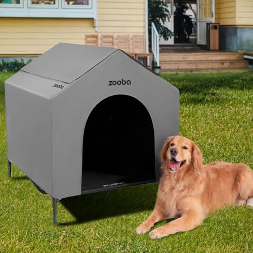 Zooba Hundehütte für große Rassen, strapazierfähig, groß, mit wetterfestem 600D-PVC-Überdachung, atmungsaktives 2x1-Textilene-Gewebe, erhöhtes Hundebett, XL-Hundehütte für den Außenbereich
