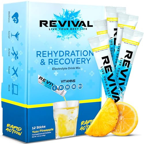 Revival Rapid Rehydration, Electrolytes Powder - High Strength Vitamin C, B1, B3, B5, B12 Supplement Sachet Drink, Effervescent Electrolyte Hydration Tablets - 12 Pack Yuzu Pineapple