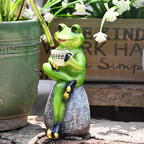 Frosch Figuren Statue mit Kaffee Frosch Ornament Gartenfigur Dekofigur Teichdeko Frösche Gartenzwerge für Außen Balkon Geburtstag Hochzeit Party Tischdeko Frühlingsdeko Grün (Grün)