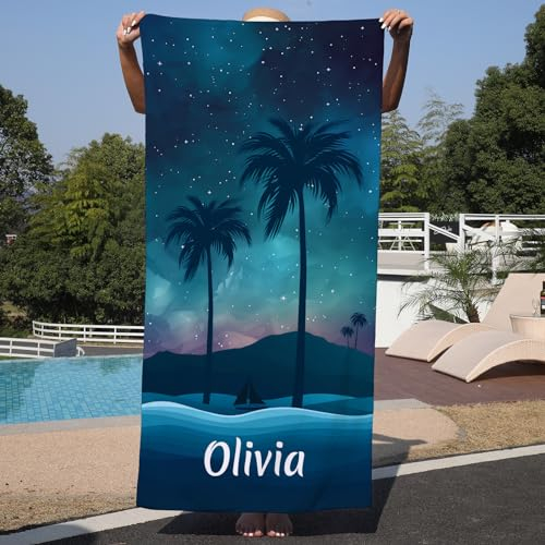SearchI Strandtuch Personalisiert 150x75cm,Sandfrei&Schnell Trocknendes Individuellem Mikrofasertuch Badetücher mit Namen für Erwachsener Kinder,Geburtstagsgeschenk für Camping Reisen,Kokusnuss Palme
