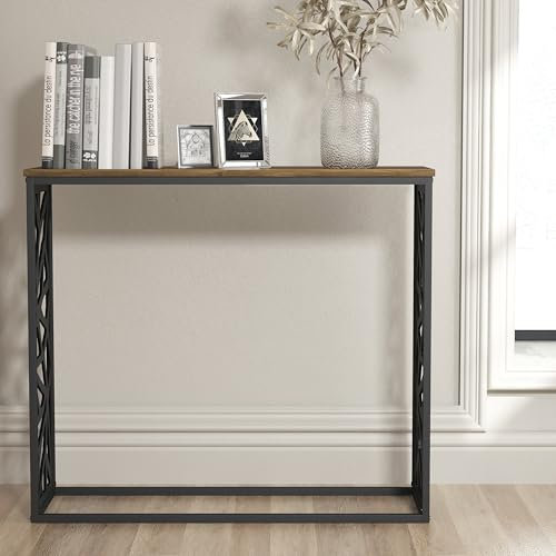 Galano Candence Console Table - Modern Metal Distressed Oak Finish - Storage Cabinet for Entryway - Foyer - Living Room - Bedroom - Space Saving