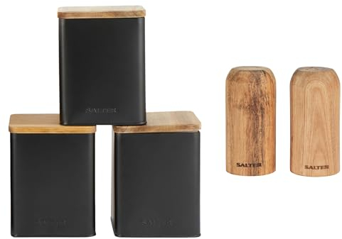 Salter COMBO-9283 Toronto Canisters & Salt and Pepper Shakers - Tea, Sugar, Coffee Storage Jars, Worktop Countertop Organiser Containers, Set Of 2 Spice Shaker, Compact, Refillable, Acacia Wood, Black