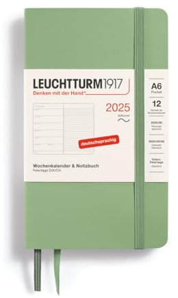 LEUCHTTURM1917 370531 Wochenkalender & Notizbuch Pocket (A6) 2025, Softcover, Salbei, Deutsch