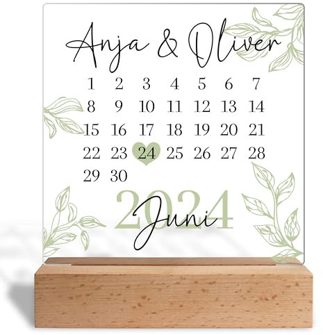 Acrylglas personalisiert mit Wunschdatum & Namen - Jahrestag Geschenk für sie & ihn - Verlobung, Hochzeit, Kennenlerntag, Jubiläumsgeschenk - Glasbild inkl. Holzaufsteller, 15x18 cm (Grün)