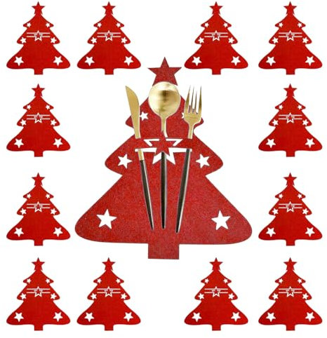 Weihnachtsgeschirr Besteckhalter Filz, 12 Stück Bestecktasche Weihnachten Filz Bestecktasche Weihnachtsbaum Weihnachts Messer Gabeln Löffel Geschirr Besteckbeutel Tischdeko Küche Bestecktasche (Rot)