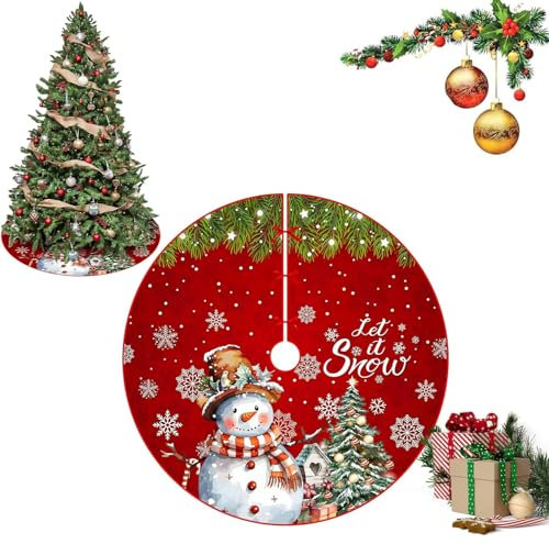 Jupe Sapin De Noël 120cm, Couvre Pied Rond Rouge avec Flocon Et Bonhomme De Neige, Tapis pour Décorations De Vacances De Fête