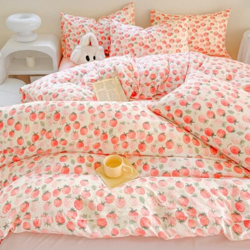 Nayoroom Bettwäsche 135x200 Rosa Erdbeere Landhausstil Style Bettbezug 2teilig Erdbeeren Muster Aesthetic Cute Gewaschene Mikrofaser Renforce Bettwäsche-Sets mit Reißverschluss und 1 Kissenbezug 80x80