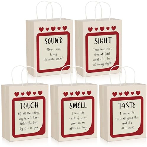 Kolldenn Geschenktüten für Sie und Ihn, 15,2 cm, 5 Sinne, Geschenktüten mit Griffen, Geruch, Geschmack, Berührung, Sound, Kraftpapier, Geschenkverpackungen für Valentinstag, Hochzeit, Geburtstag