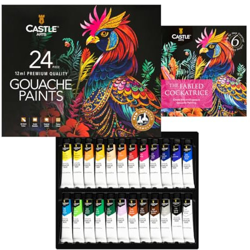 Castle Art Supplies Juego de pinturas Gouache | Fórmula mejorada | 24 x 12 ml colores brillantes, opacos, a base de agua | Versátil, fácil de usar (nueva fórmula mejorada)