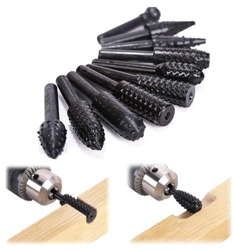 Alriedy Juego de 10 escofinas de madera con vástago hexagonal de 6,3 mm – Juego profesional de escofina y fresa para taladros, incluye fresa esférica, cilíndrica, espiga y cónica para tallar madera