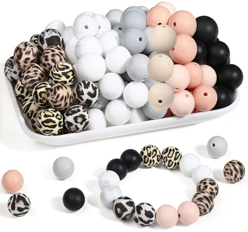 Sahoottie 15mm Silikonperlen zum Auffädeln Mehrfarbig Leopard Silikon Runde Perlen für Armbänder Selber Machen Schlüsselanhänger Stifte Armband DIY Bastelperlen 10 Farben Etwa 70 Stück