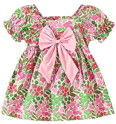 Generisch Kleinkind Mädchen Kurzarm Bowknot Blumendrucke Rüschen Prinzessin Kleid Tanzparty Kleider Kleidung Magischer Blumenladen (Pink, 12-18 Months)