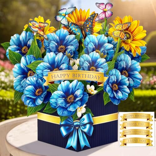 Hierein Geburtstagskarte, 3D Blau Blumen Geburtstagskarte Frau mit Umschlag DIY Aufkleber, Blumen und Schmetterling Pop Up Karte für Frau Beste Freundin Familie Kollege, Geschenke für Frauen