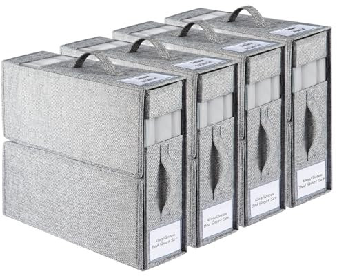 Youyijia 4-Pack Bed Sheet Organizers with Handles & Windows Foldable Linen Storage Box for Queen/King Sheets Duvet Covers Blankets & Towels Space-Saving Closet Organizer Grey (4)