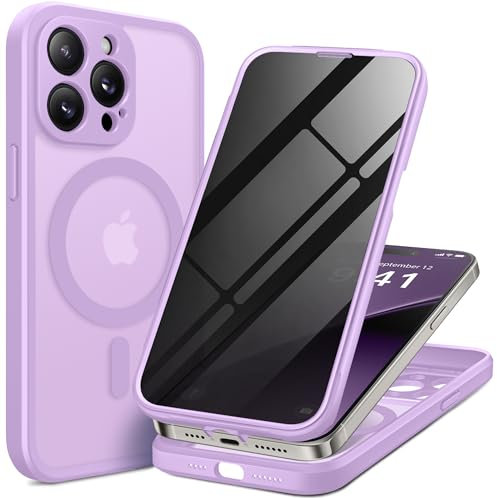 BERFY Magnetic for iPhone 14 Pro Max Case,Compatible with MagSafe,Built-in Privacy Screen Protector and Upgraded Camera Protection,Anti-Spy Full Body Shockproof Phone Case for 14 Pro Max, Light Purple