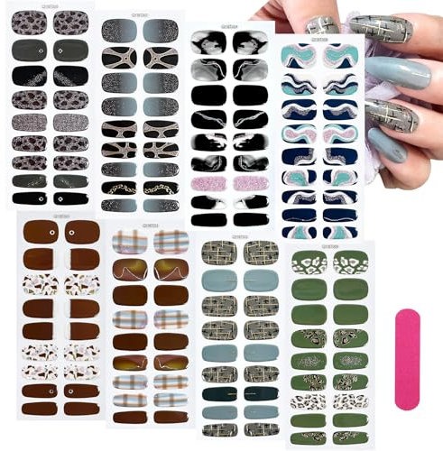 MWOOT 8 Sheets Nail Stickers Adhesive, 9 Sizes Full Nail Wraps Decals for Fingernail Art, Colors Fingernail Stickers Nails Strips, Decoración de Uñas, Stick on Nails for Women, Sticker Decorations