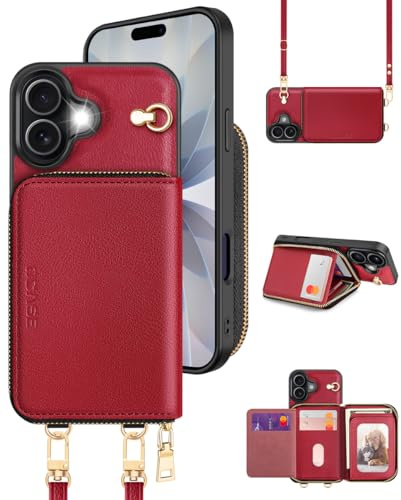 OCASE für iPhone 17 Hülle mit Band,Geldbörse Handyülle RFID-Blockierung PU-Leder, Kartenfächern und Handgelenkband Handykette Kompatibel für iPhone 17 Rot 6,3”