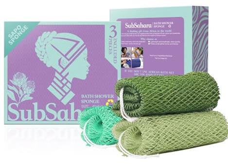 SubSahara African Net Sponge Authentic - 3 Pieces Gentle Exfoliating Scrubber for All Skin Types, Bath Sponge for Face & Body, Travel Portable