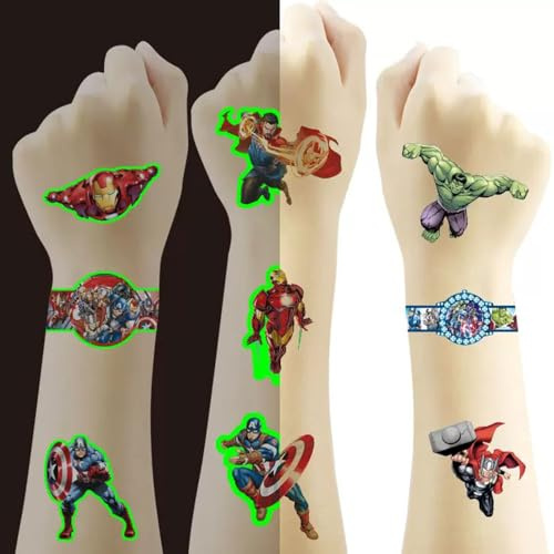 80pcs Super Heros Temporary Tattoo, Avenger Birthday Party Supplies,Birthday Decorations Party Game Activities Reward Gifts(4 Sheets gift packaged including 2 Sheets Luminous)