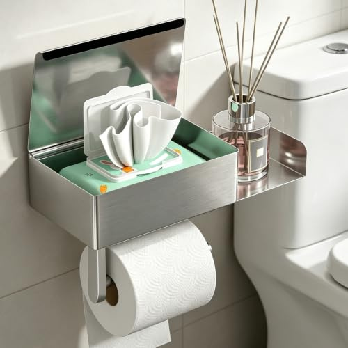 HISAMGO Silver Toilet Roll Holder with Shelf/Storage Box Self-Adhesive