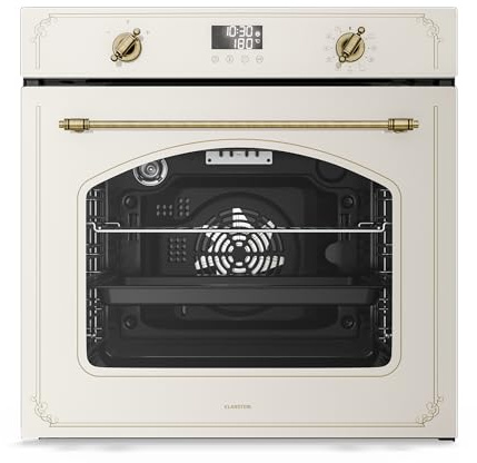 Klarstein Victoria Pyro Einbaubackofen 60 cm – 76L, Pyrolyse, 11 Funktionen, Retro Design, Energieklasse A, Timer, Einbau Backofen ohne Kochfeld, Vierfachverglasung, Emaille-Innenraum, Sahne