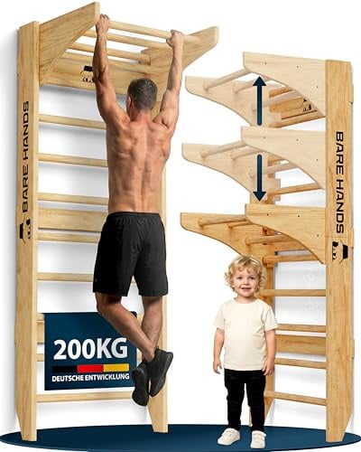 Bare Hands 3in1 Sprossenwand mit Klimmzugstange & Dipstange - Sprossenwand für Erwachsene & Kinder - Extrem Robuste Kletterwand bis 200 kg - Sprossenwand kinderzimmer