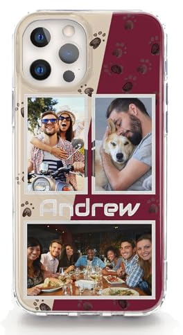 Personalised Phone Case For Apple iPhones, 17, 16, 15, 14, Pro, Max, Mini, Plus 13, 12, 11, X, XS, XR, SE Red Dog Paw Prints Phone Hard Cover with Three Images and Name