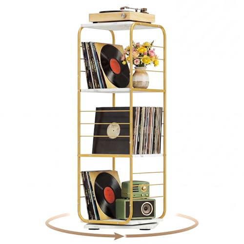 COSTWAY Meuble Rangement Vinyle à 4 Niveaux pour Disques Vinyles, Support Platine Vinyle pour Jusqu’à 210 Albums, Pivotant 360°, Meuble Tourne-Disque Vinyle en Métal, pour Salon (Or)