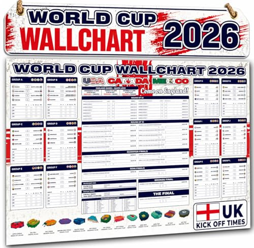 World Cup Football Wall Chart 2026 – edizione Inghilterra – Grande poster A1 da parete con tutti i giorni di gioco, orari di calcio del Regno Unito, canali TV e stadi dai dati ufficiali – piegato in