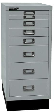 BISLEY MultiDrawer, 29er Serie mit Sockel, DIN A4, 8 Schubladen, Metall, 355 Silber, 38 x 27.9 x 67 cm