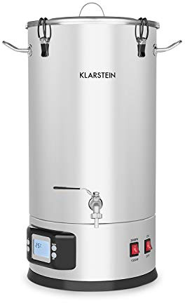 Klarstein Maischfest caldera - Maquina Cerveza artesanal, Fabrica y Fermentadores de cerveza, Lote 5 piezas, Cubo para filtrar, Refrigerante, LCD, Grifo, Acero 304, 2 niveles 1500/3000W, 25L, Gris