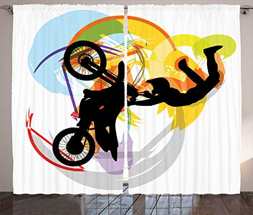 ABAKUHAUS Extremsportarten Rustikaler Gardine, Motocross-Fahrer, Schlafzimmer Kräuselband Vorhang mit Schlaufen und Haken, 280 x 245 cm, Schwarz Gelb